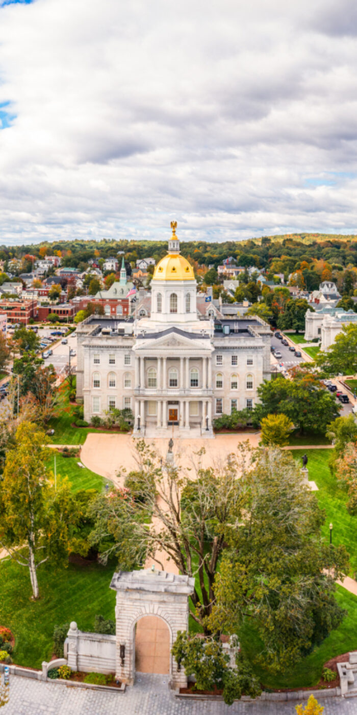 Aerial view of Concord and the New Hampshire State House. The capitol houses the New Hampshire General Court, Governor, and Executive Council.