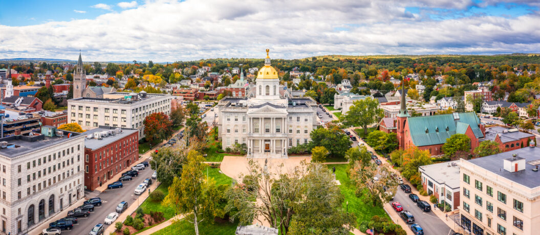 Aerial view of Concord and the New Hampshire State House. The capitol houses the New Hampshire General Court, Governor, and Executive Council.