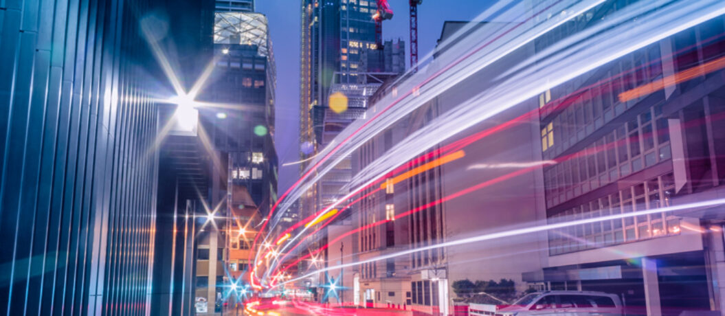 Light trails in the downtown district of London. Long exposure